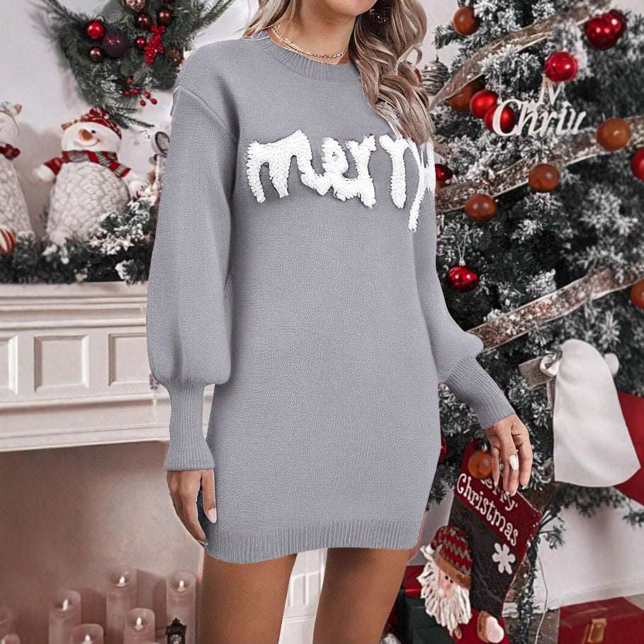 Women's Christmas Knitted Round Neck Sweater Dresses Lantern Sleeve Pullover Sheath Dress Elegant Loose New Year Party Dresses Fall Winter Knitted Sweater Jumper - Elevra