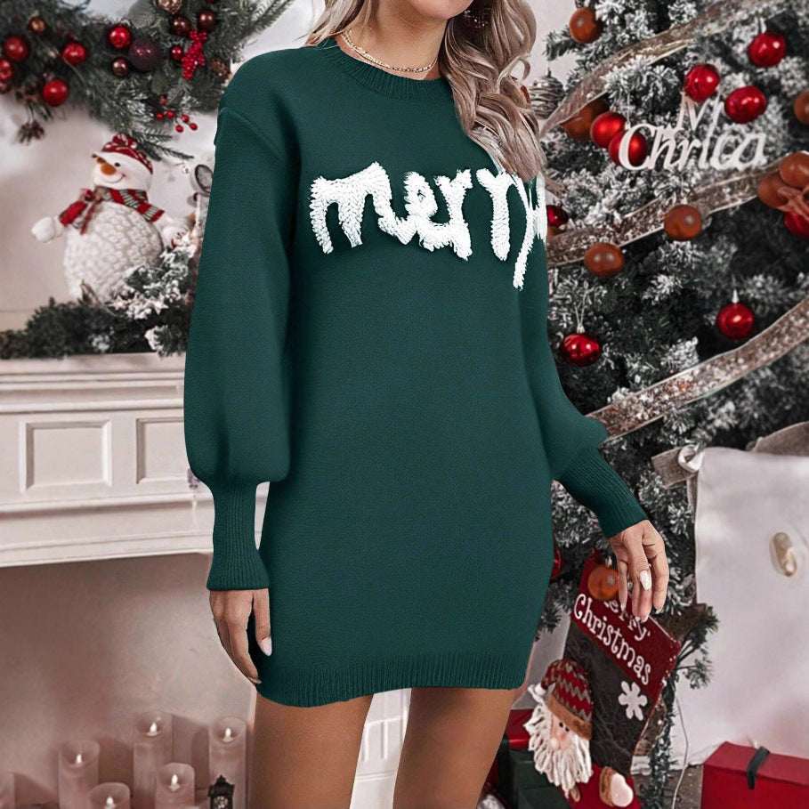 Women's Christmas Knitted Round Neck Sweater Dresses Lantern Sleeve Pullover Sheath Dress Elegant Loose New Year Party Dresses Fall Winter Knitted Sweater Jumper - Elevra
