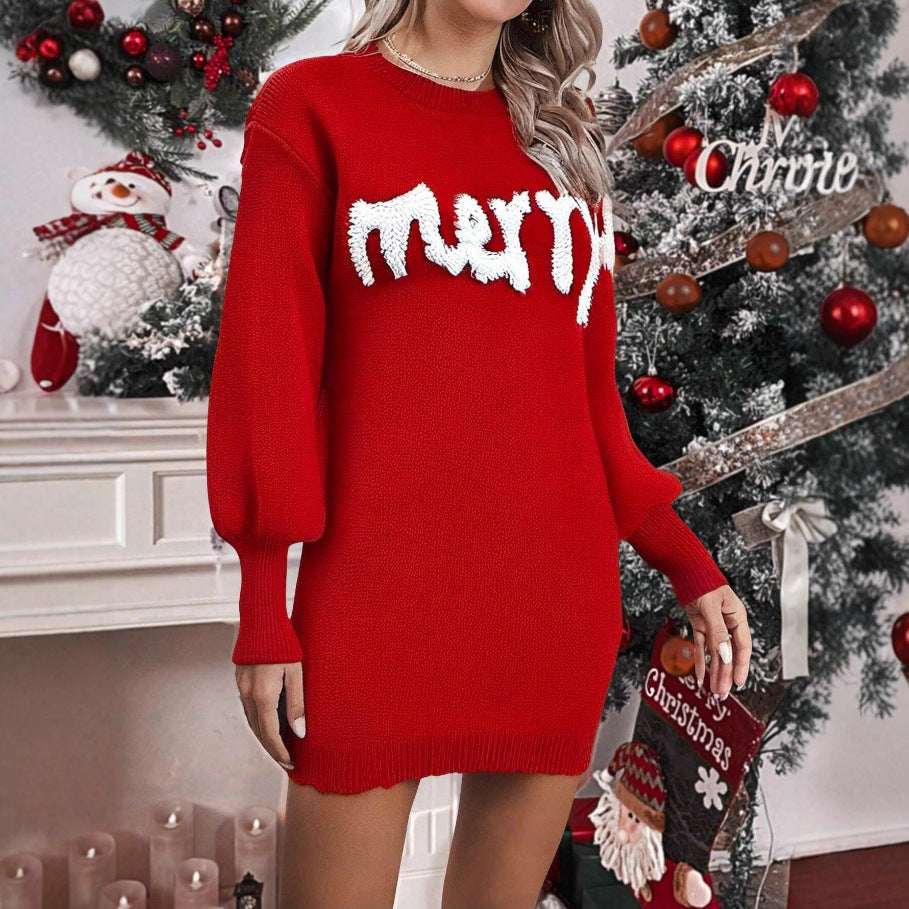 Women's Christmas Knitted Round Neck Sweater Dresses Lantern Sleeve Pullover Sheath Dress Elegant Loose New Year Party Dresses Fall Winter Knitted Sweater Jumper - Elevra