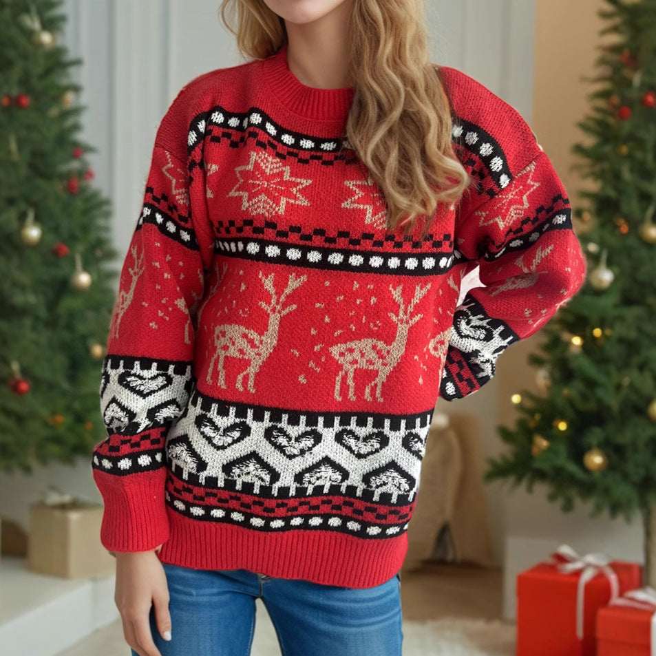 Women’s Christmas Sweater–Red Deer Jacquard Long Sleeve Knit - Elevra