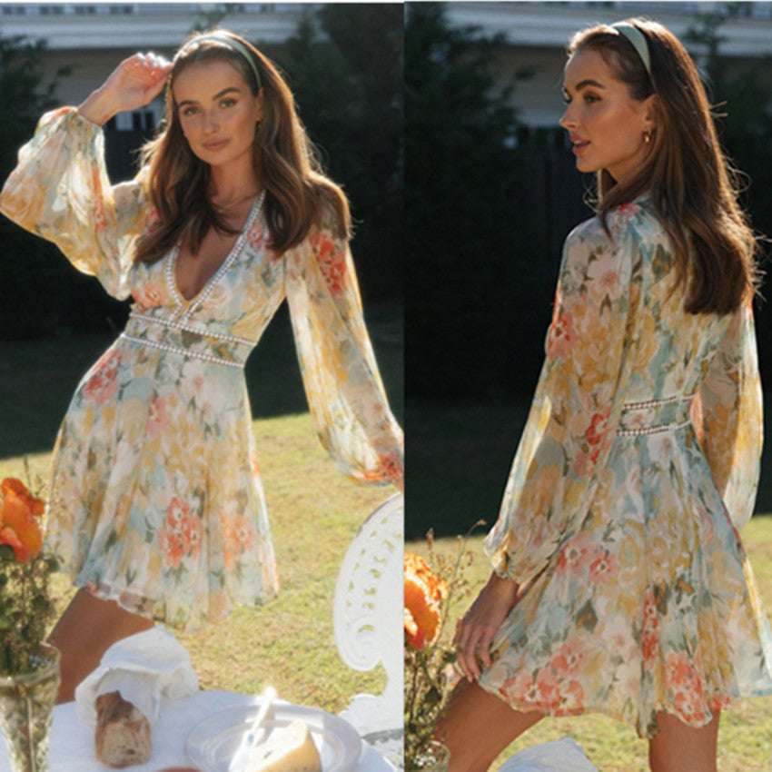 Women's Fashion Printed Puff Sleeve Lace Dress - Elevra
