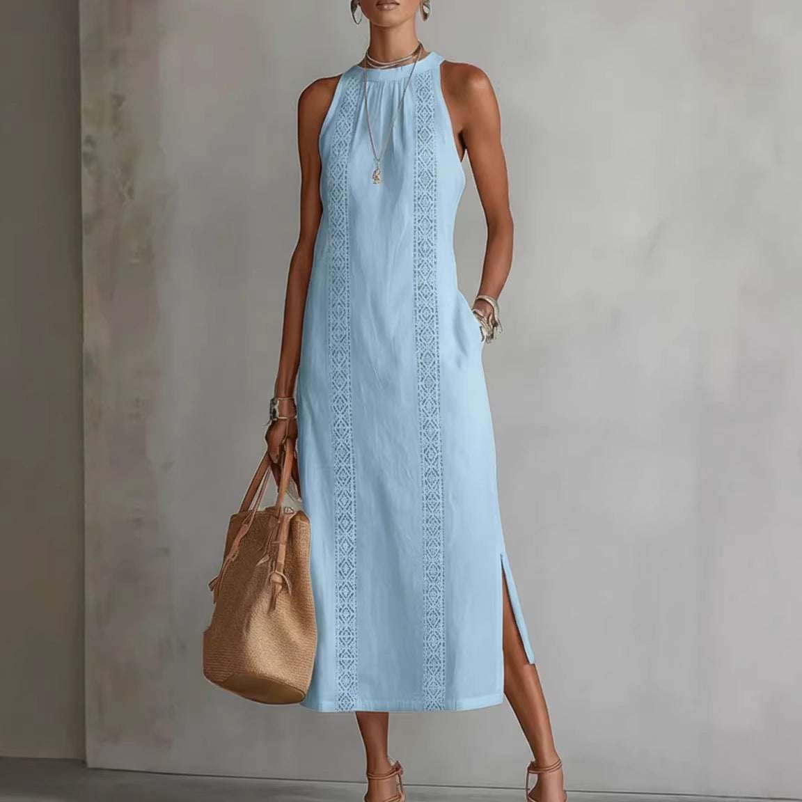 Women's Halter Neck Sleeveless Dress Lace Patchwork Holiday Style Summer Top - Elevra