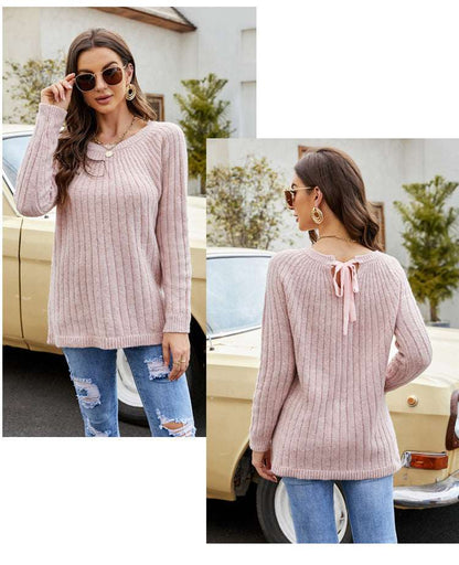 Women's Lace - up Sweater Top Long Sleeve Round Neck Sweater - Elevra