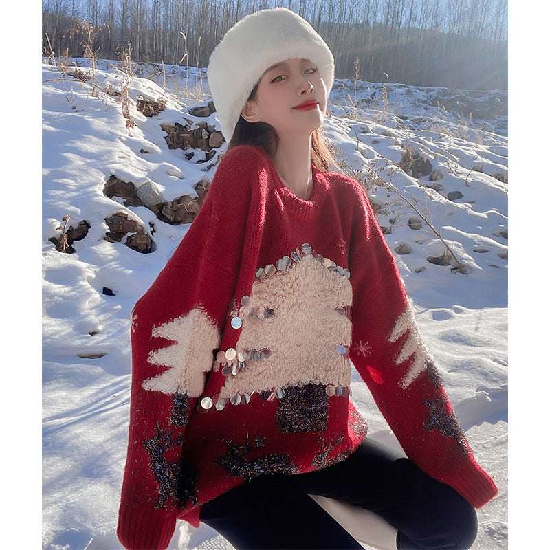 Women's Mid - length Christmas Lazy Loose Bottoming Sweater - Elevra