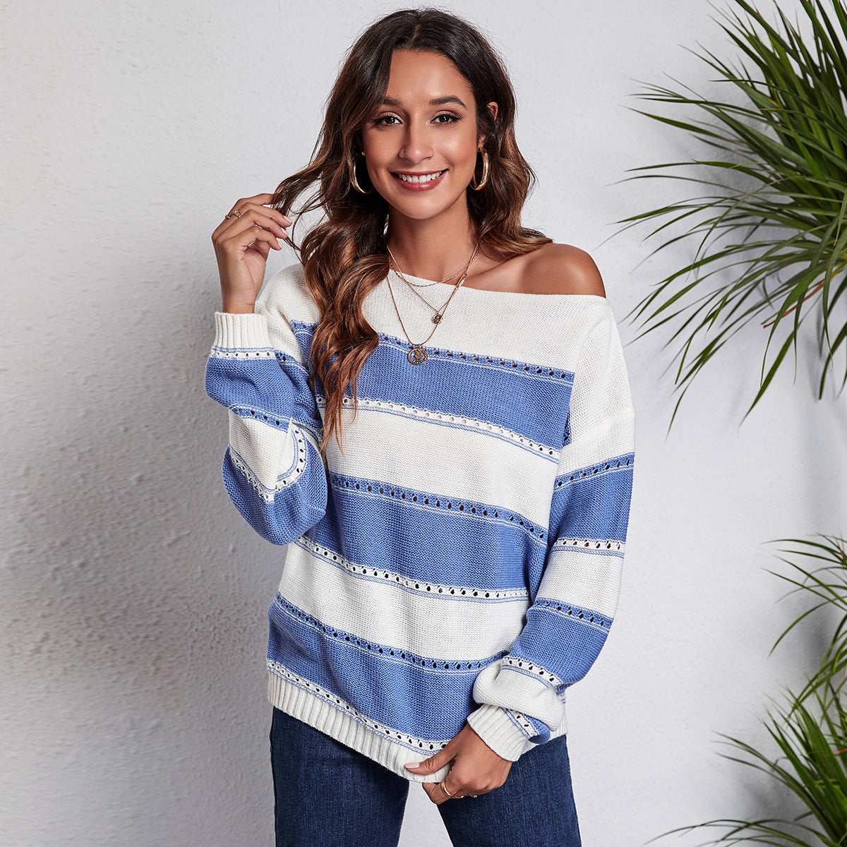 Women's One - neck Striped Openwork Knitted Sweater - Elevra