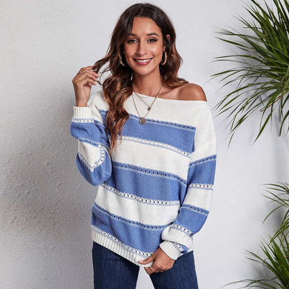 Women's One - neck Striped Openwork Knitted Sweater - Elevra