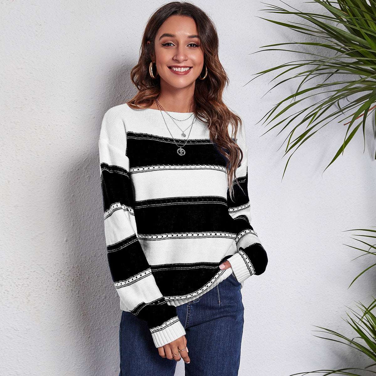 Women's One - neck Striped Openwork Knitted Sweater - Elevra