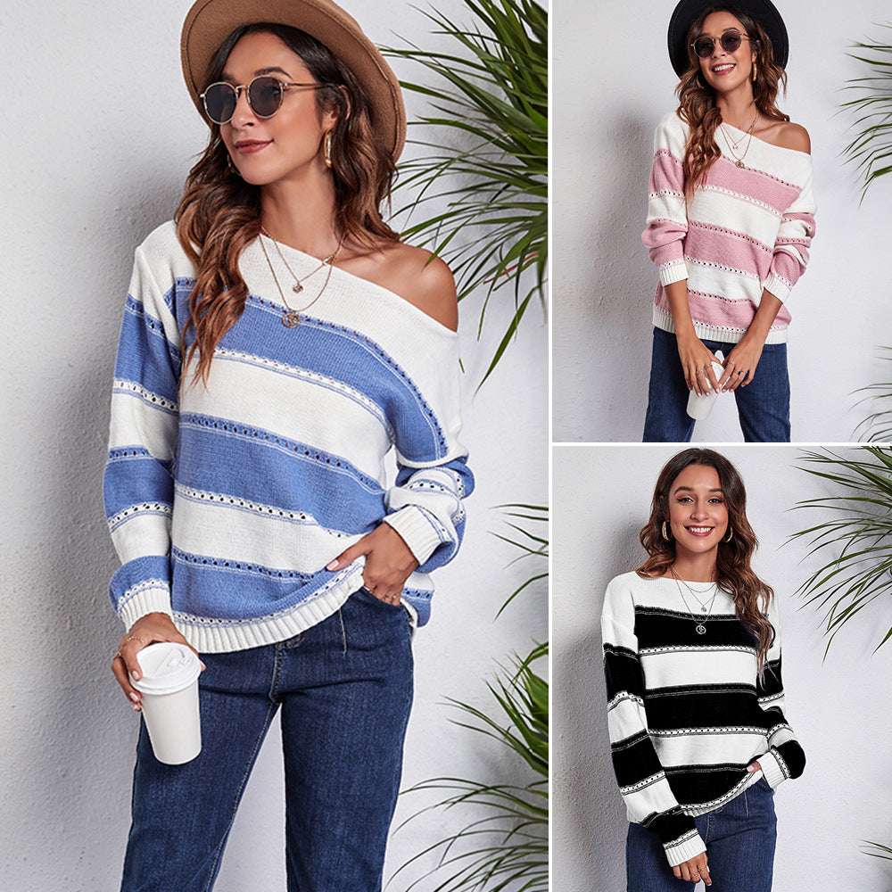 Women's One - neck Striped Openwork Knitted Sweater - Elevra