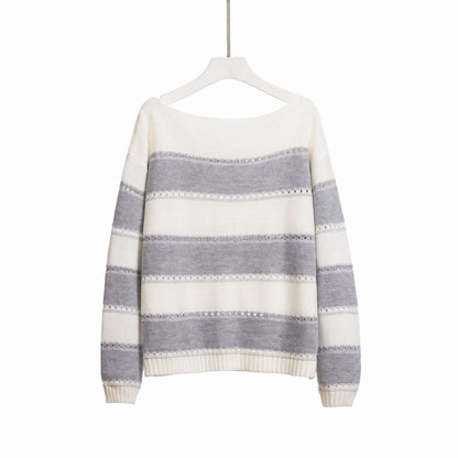 Women's One - neck Striped Openwork Knitted Sweater - Elevra