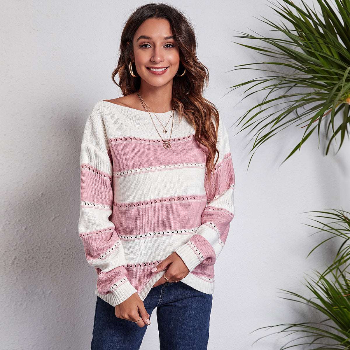 Women's One - neck Striped Openwork Knitted Sweater - Elevra
