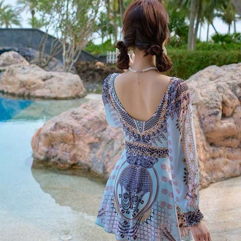Women's One - piece Boxer Long Sleeve Small Chest Gathered Swimsuit - Elevra