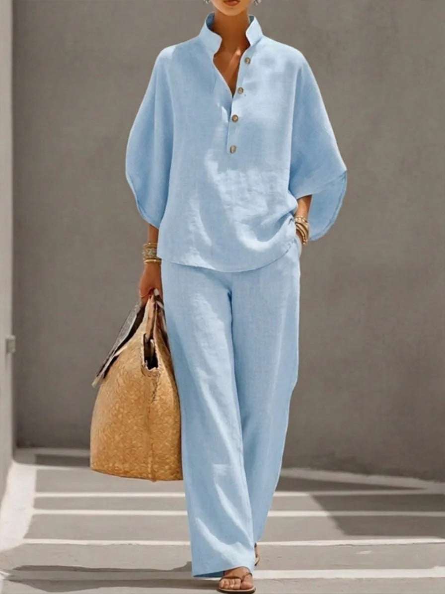 Women's Short - sleeved Suit Summer Loose Pullover Top And Straight - leg Trousers Outfit Clothing - Elevra