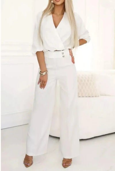 Women's Solid Color And V - neck Two - button 2 - piece Trousers Suit - Elevra