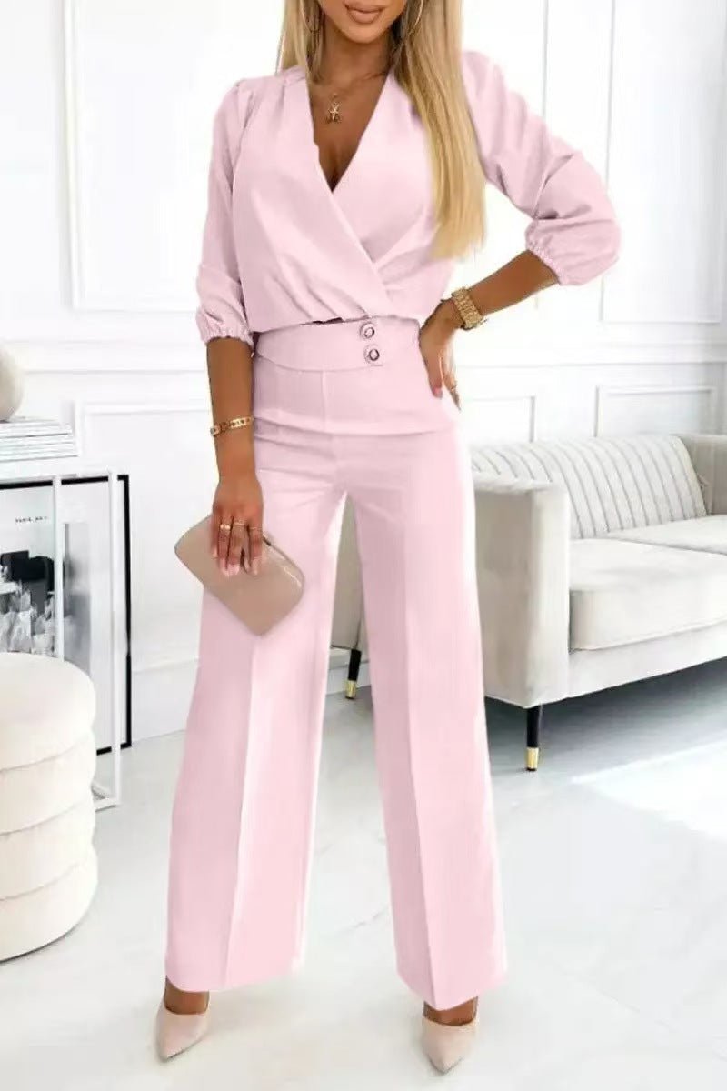 Women's Solid Color And V - neck Two - button 2 - piece Trousers Suit - Elevra