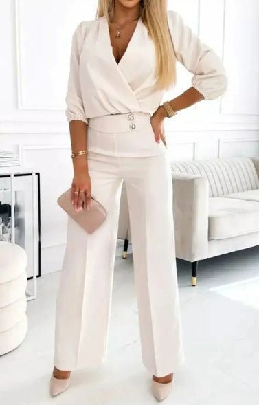 Women's Solid Color And V - neck Two - button 2 - piece Trousers Suit - Elevra