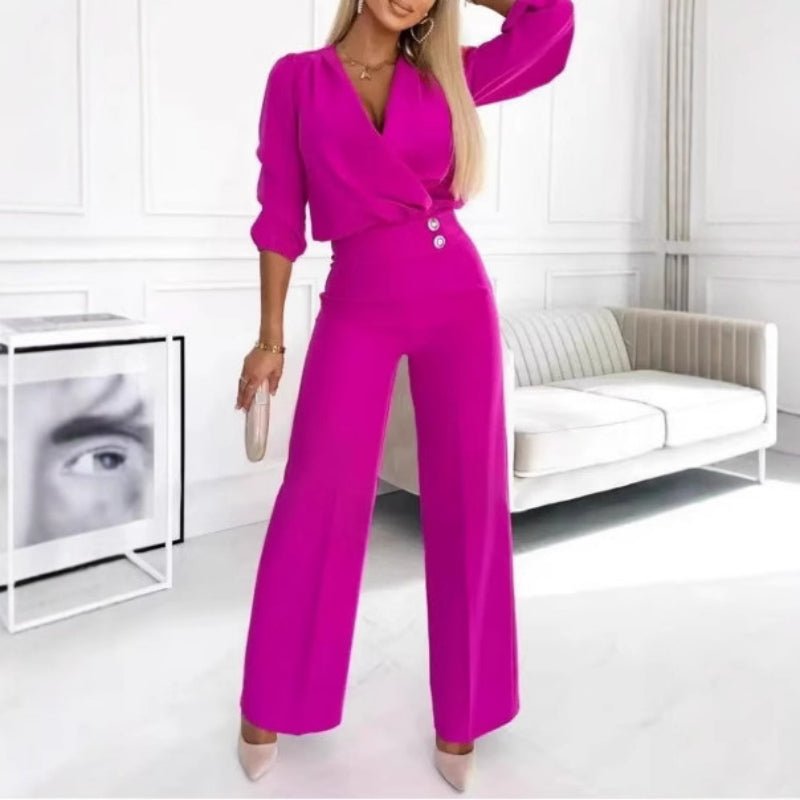 Women's Solid Color And V - neck Two - button 2 - piece Trousers Suit - Elevra