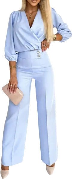 Women's Solid Color And V - neck Two - button 2 - piece Trousers Suit - Elevra