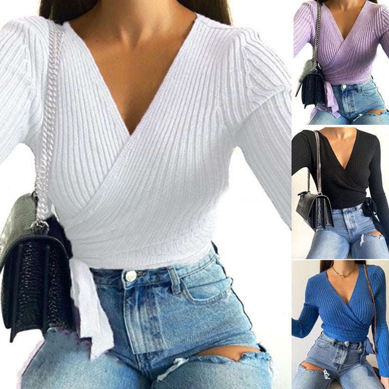 Women's Solid Color Long Sleeved V Neck Lace Up Sweater Bottoming Shirt - Elevra