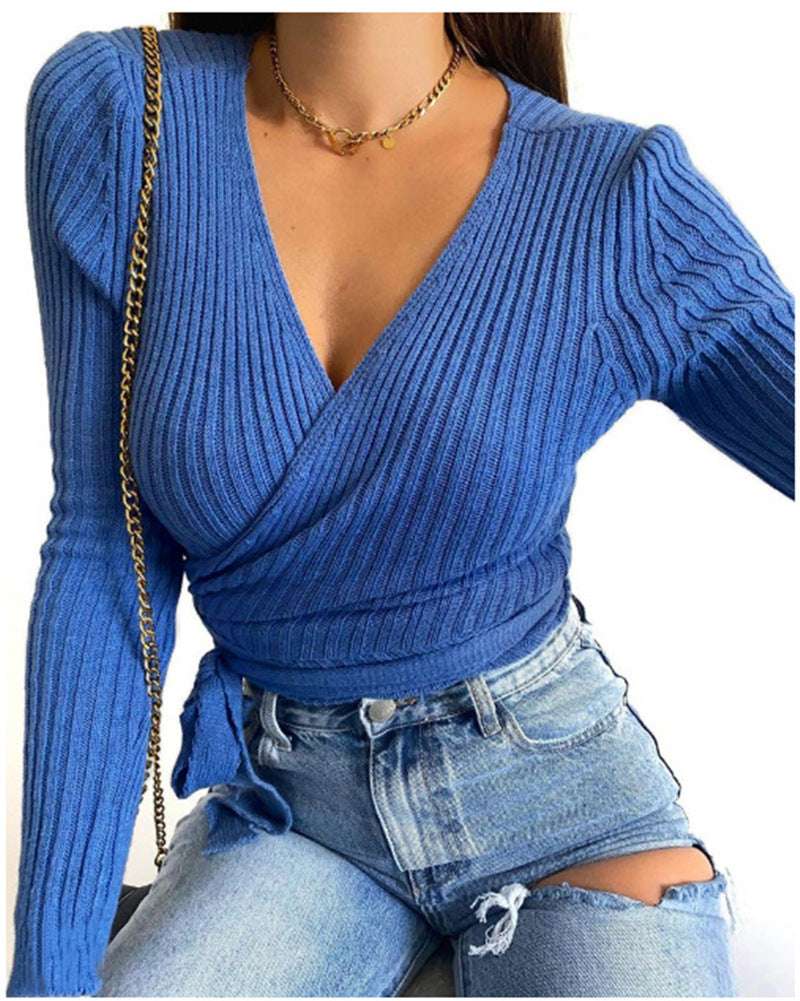 Women's Solid Color Long Sleeved V Neck Lace Up Sweater Bottoming Shirt - Elevra