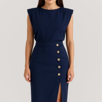 Navy blue sleeveless midi dress with gold buttons and front slit, elegant office wear