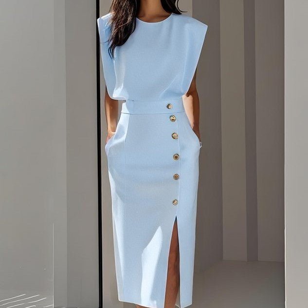 Light blue sleeveless midi dress with front buttons and side slit, modern office wear