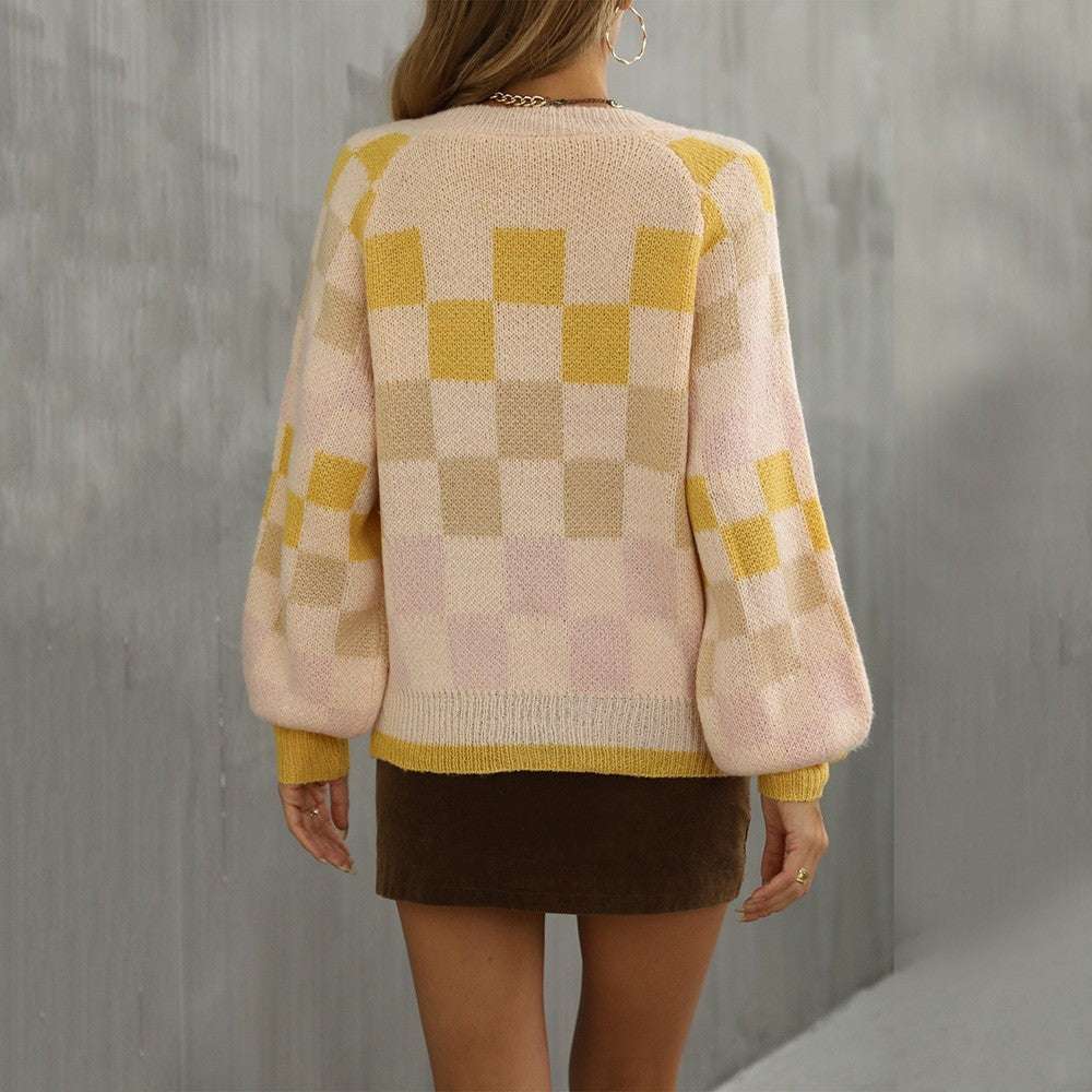 Women's V - neck Plaid Contrast Large Knit Shirt - Elevra