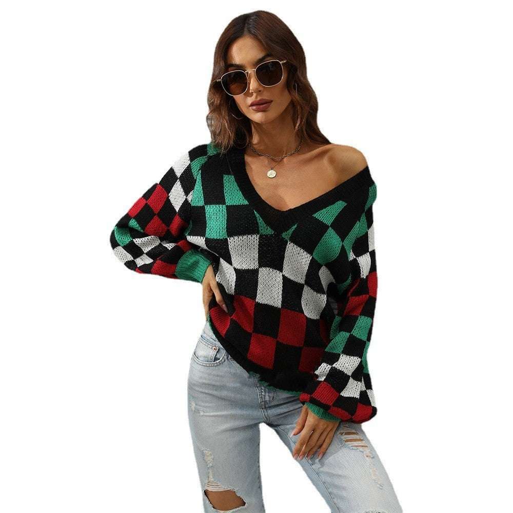 Women's V - neck Plaid Contrast Large Knit Shirt - Elevra