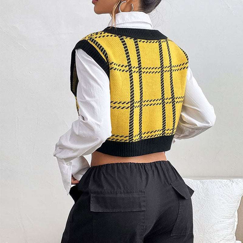 Women's V - neck Plaid Waistcoat - Elevra