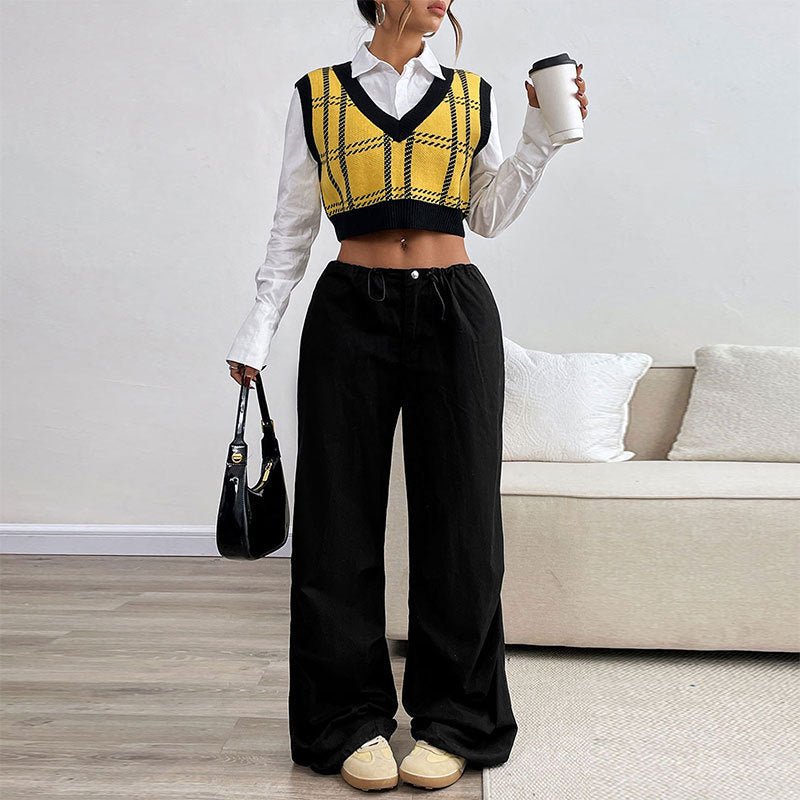 Women's V - neck Plaid Waistcoat - Elevra