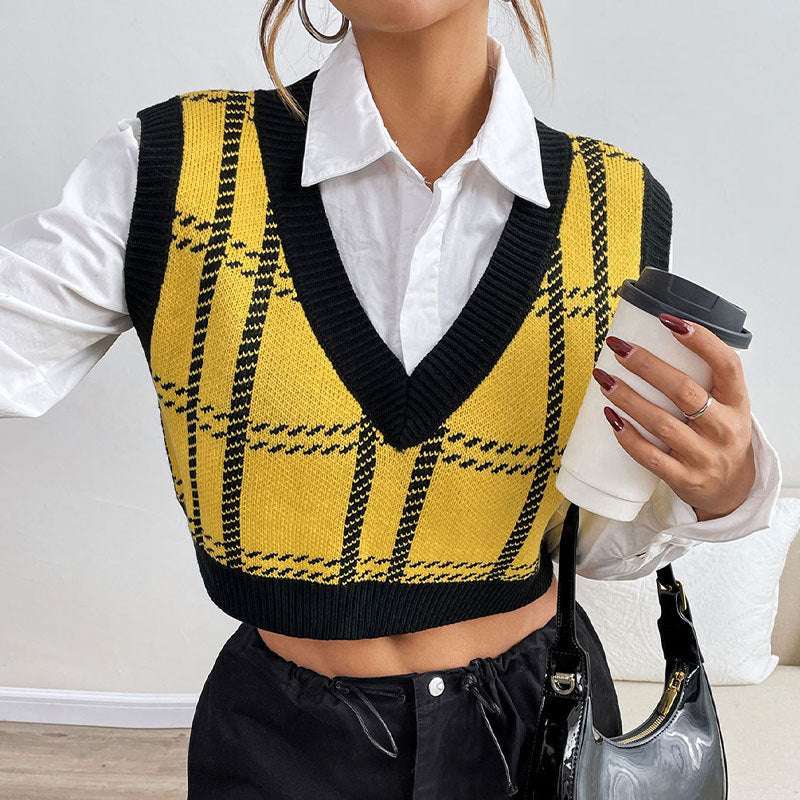 Women's V - neck Plaid Waistcoat - Elevra